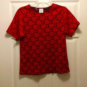 Women's Red & Black Lace Top Short Sleeve Sz Medium M Stretch Knit
